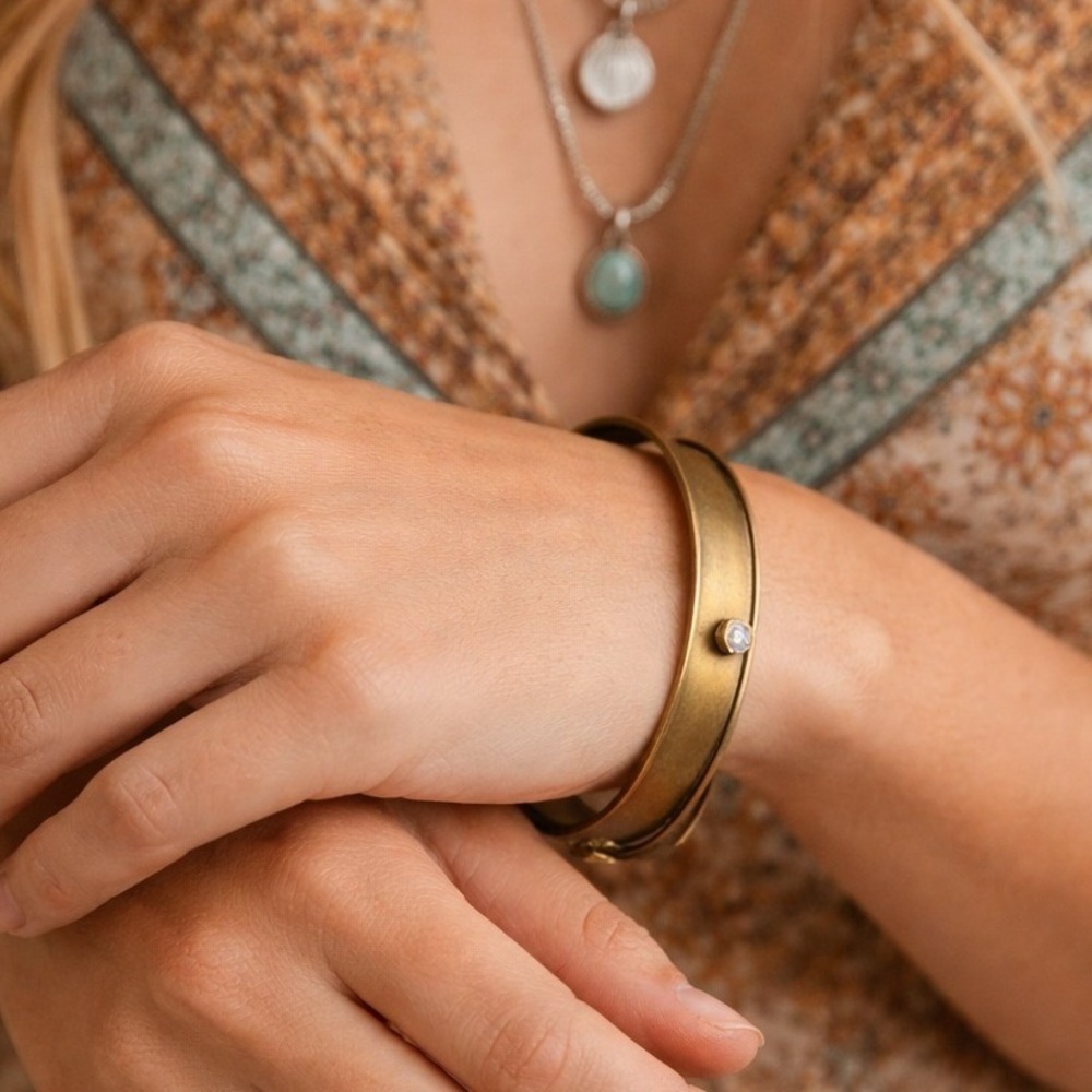 Serefina Urban Vintage Brass Cutout Crystal Accent Cuff Bracelet Gold Whimsigoth